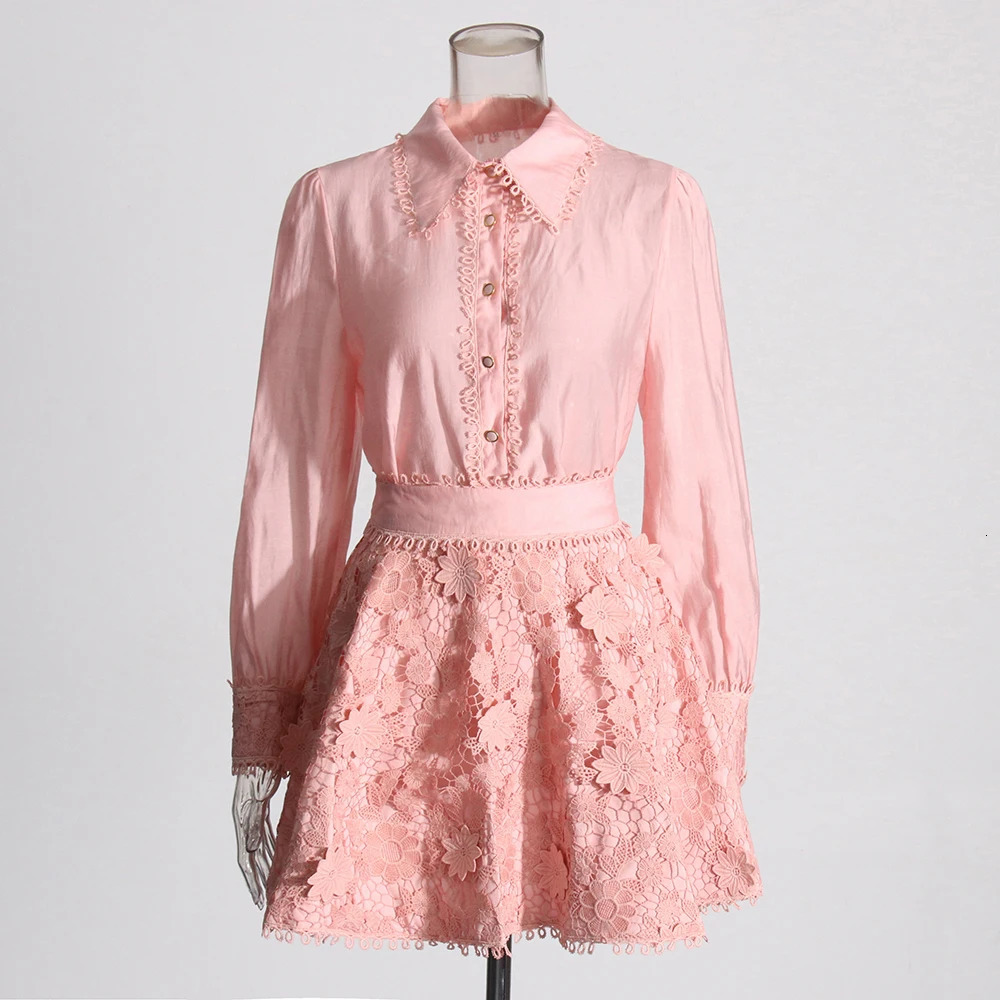 TWOTWINSTYLE Solid Loose Two Piece Set For Women Lapel Long Sleeve Top High Waist Embroidery A Line Skirt Elegant Sets Female 250321