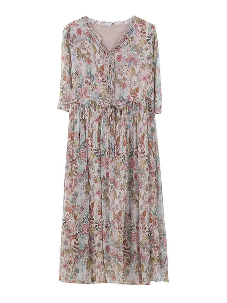 Women ral Chiffon Casual Beach Long Summer Fashion Flare Sleeve Ruffled V-Neck Dress 2024 Korean Elegant Dresses