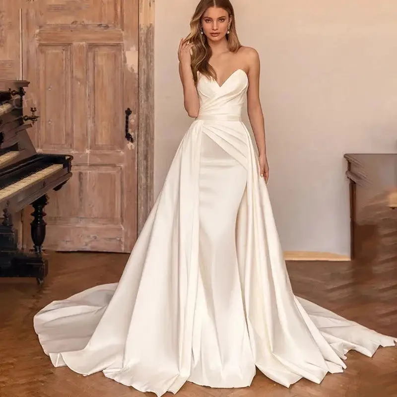 Simple Ivory Satin Mermaid Wedding Dresses With Detachable Train Pleats Sweetheart Sleeveless Long Bridal Gown 2025 Vestido De Novia