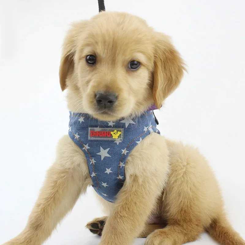 Denim dog vest safety belt set suitable for small and medium-sized dogs cats jeans stars chest straps Chihuahua puppies pet supplies X250326