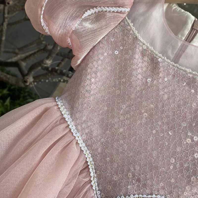 Summer girl princess dress with puff sleeves birthday dress with sequins sparkling costume performance costume big childrens costume W250326