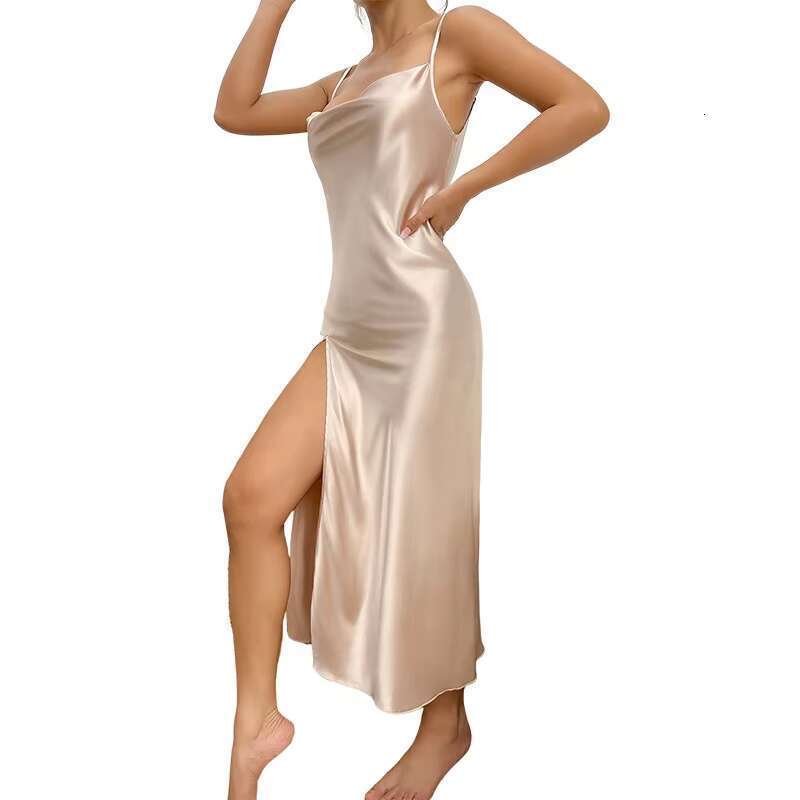 Women Long Sexy Satin Sleepwear Silk Spaghetti Strap Sleep Shirts Plus Size Nightdress Gerie Nightwear Dress Gown