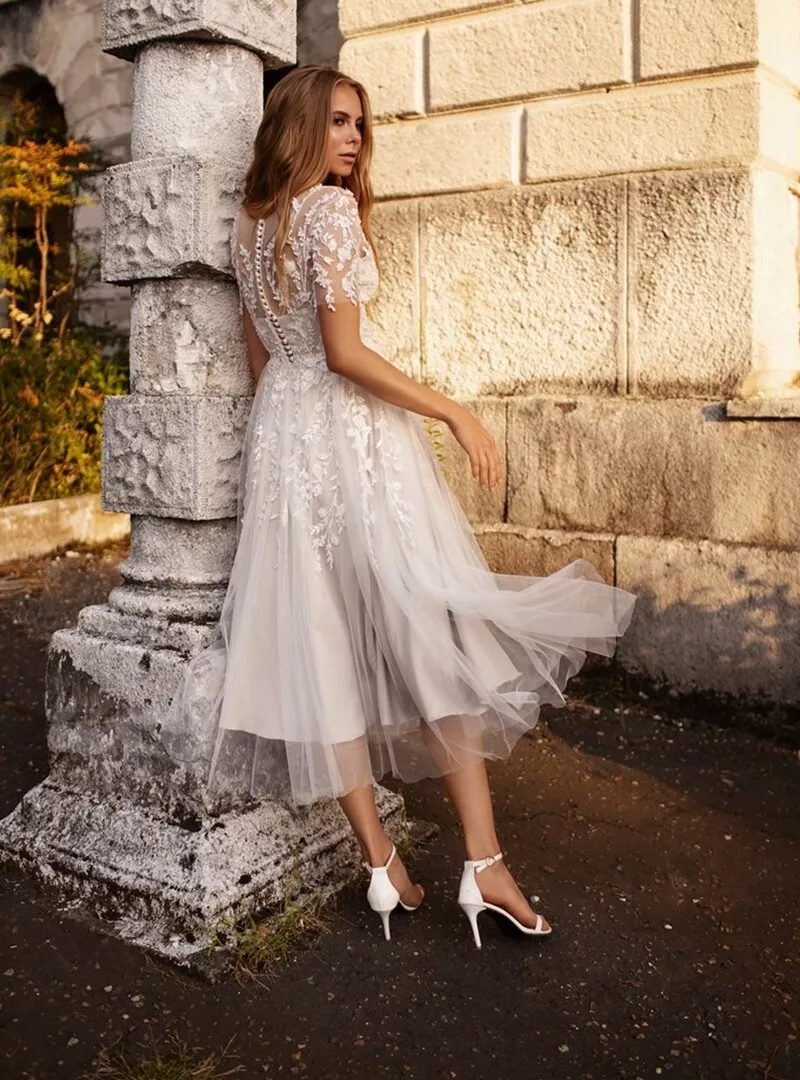 Tea Length Boho Wedding Dress Lace Appliques Short Sleeves A-Line Bridal Gown 2025 Beach Vestido De Novia