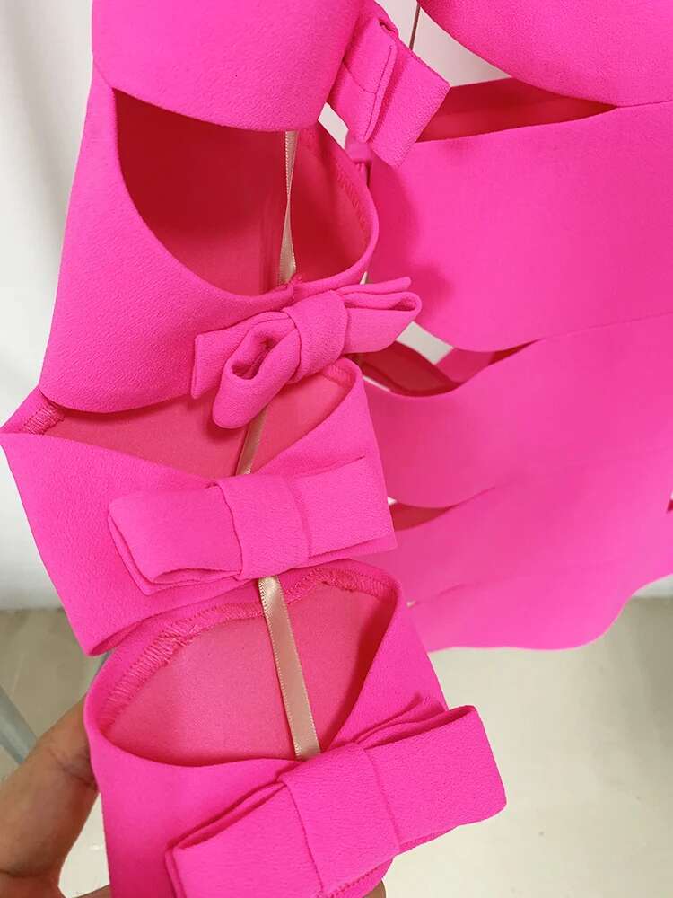 HIGH STREET Newest 2024 Designer Fashion Stylish Women's Long Sleeve Sexy Hollow Out Bow Dress Hot Pink