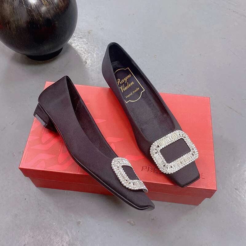 Women's 2023 Black Classic French Shallow Mouth Rhie Buckle Flat Shoes Square Toe Thick Heels