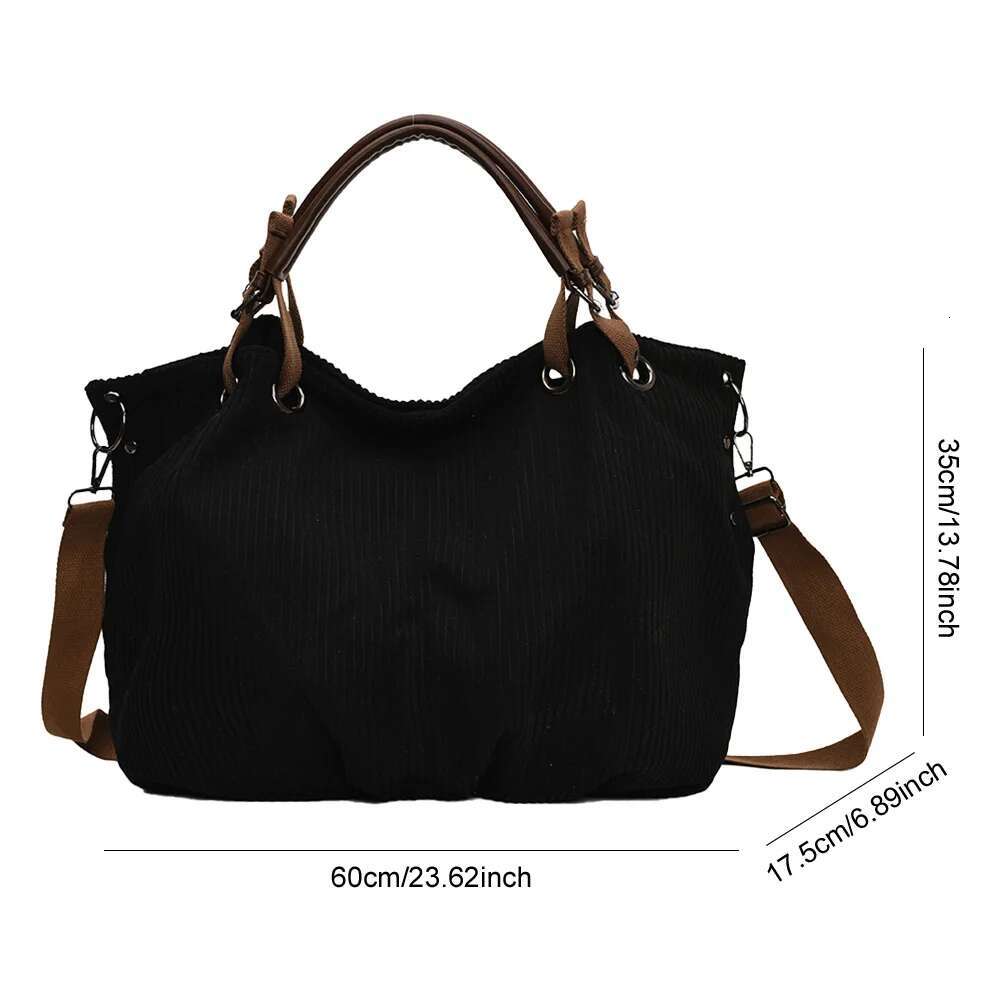 Slouchy Tote Bags Corduroy Casual Handbag Detachable Long Strap Shoulder Women's Large Capacity Crossbody Bag Zipper Satchel