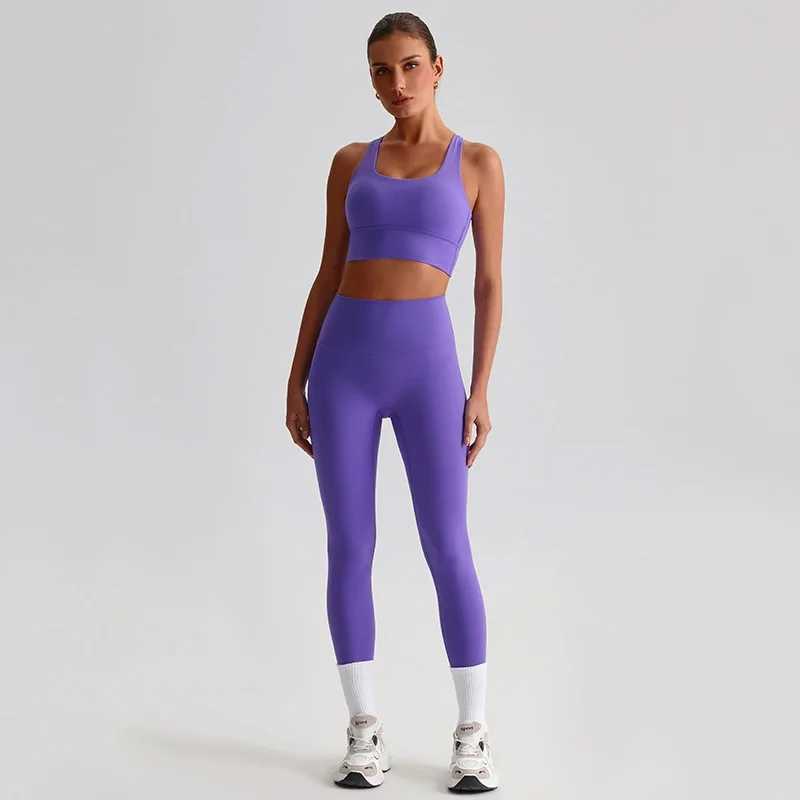 Naked feeling yoga set womens fitness sportswear 2-piece shoulder strap sports bra high waist gym leg exercise set activity suit W250326