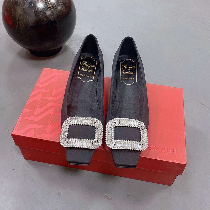 Women's 2023 Black Classic French Shallow Mouth Rhie Buckle Flat Shoes Square Toe Thick Heels