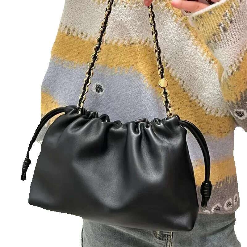 New Women's Cloud Drawstring Hobos Crossbody Real Leather One Shoulder Casual Bucket Bag