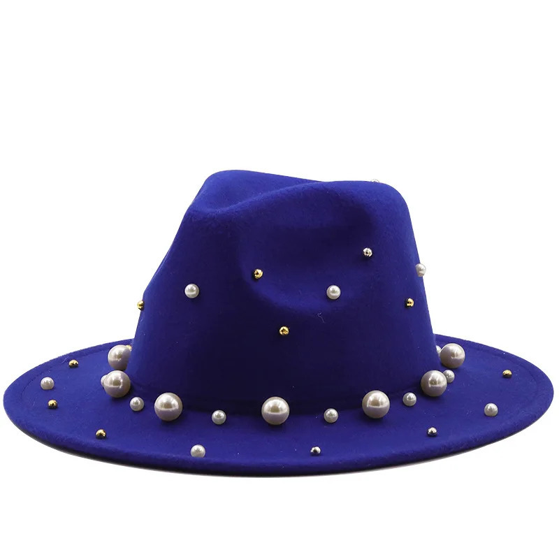 Spring and Autumn Womens Wide Brim Artificial Wool Felt Top Hat Pearl Decoration Jazz Party Wedding Brown Fedora Hat 250325