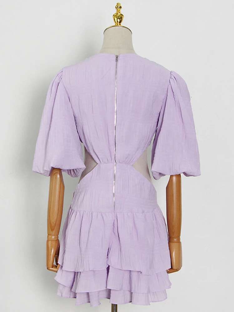 VGH Elegant Solid Hollow Out Mini Dress For Women V Neck Lantern Sleeve Patchwork Ruffled A e Dresses Female New Style