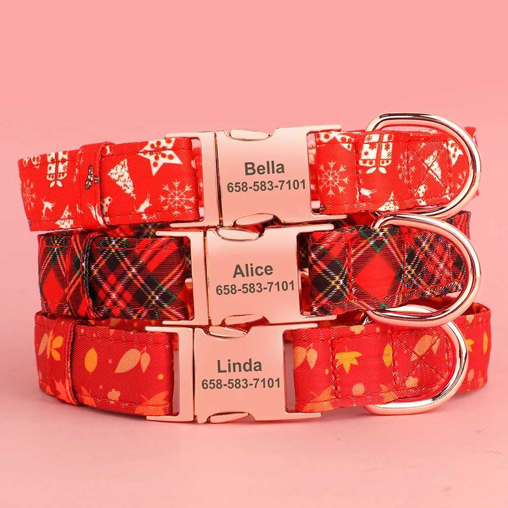 Personalized Christmas dog collar customized red checkered pet collar with bow no engraved ID name tag pet accessories X250326