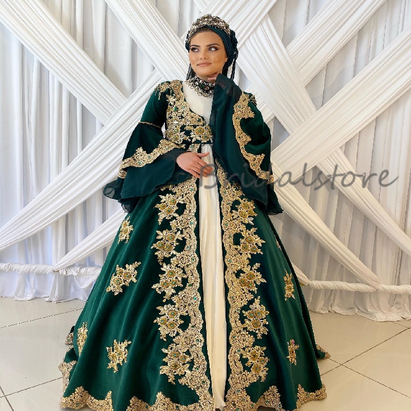 Ethnic Green Turkish Wedding Dress With Gold Lace Long Sleeve Muslim Arabian Beaded Bridal Dress 2025 Circassian Vestio De Novia Casamento Caftan Brid