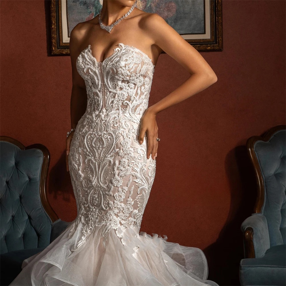 Gorgeous Mermaid Wedding Dress Sweetheart Neck Sleeveless Backless Bridal Gowns Appliques Lace Sweep Train Dresses Custom Made vestidos de novia