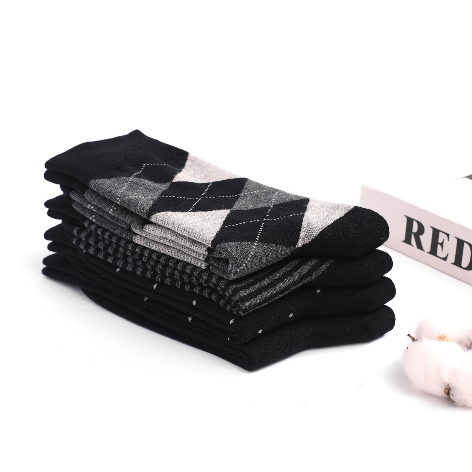 5 pairs of mens dress socks in plus size high-quality combed cotton crew socks black cool Argyle breathable casual mens socks 250321