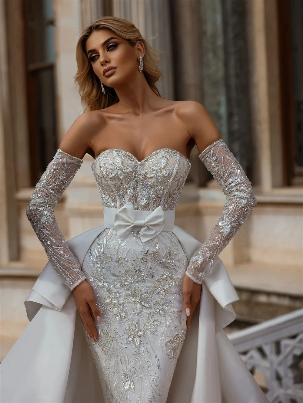 urious Mermaid Wedding Dress Sweetheart Neck Removable Sleeves Bridal Gowns Appliques Sequins Detachable Train Dresses Custom Made vestidos de novia