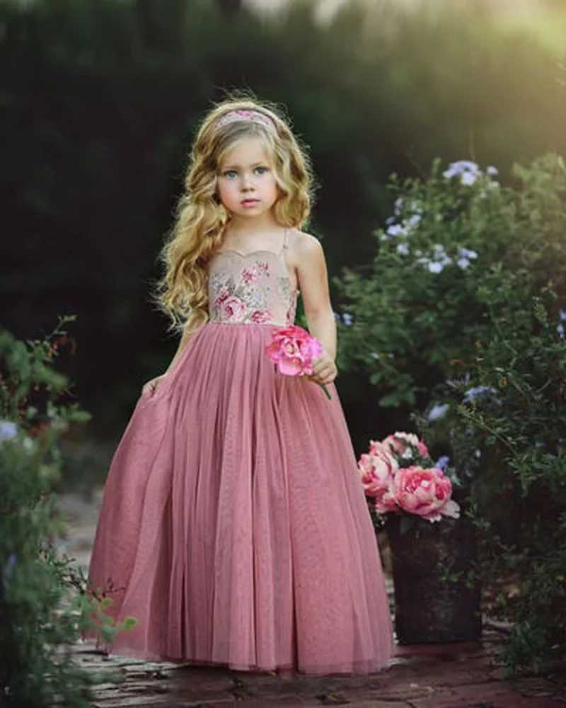 2019 New Princess Dress Childrens Pink Lace Flower Strap Dress Maxi Long Princess Par Childrens Summer Ball Dress W250326