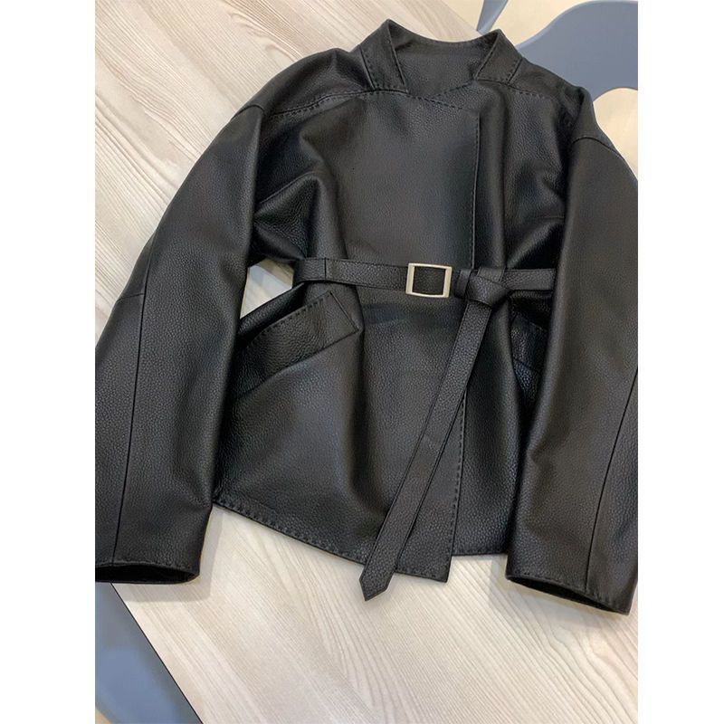 Temperament socialite women's short 2025 autumn trend motorcycle leather small tie up jacket