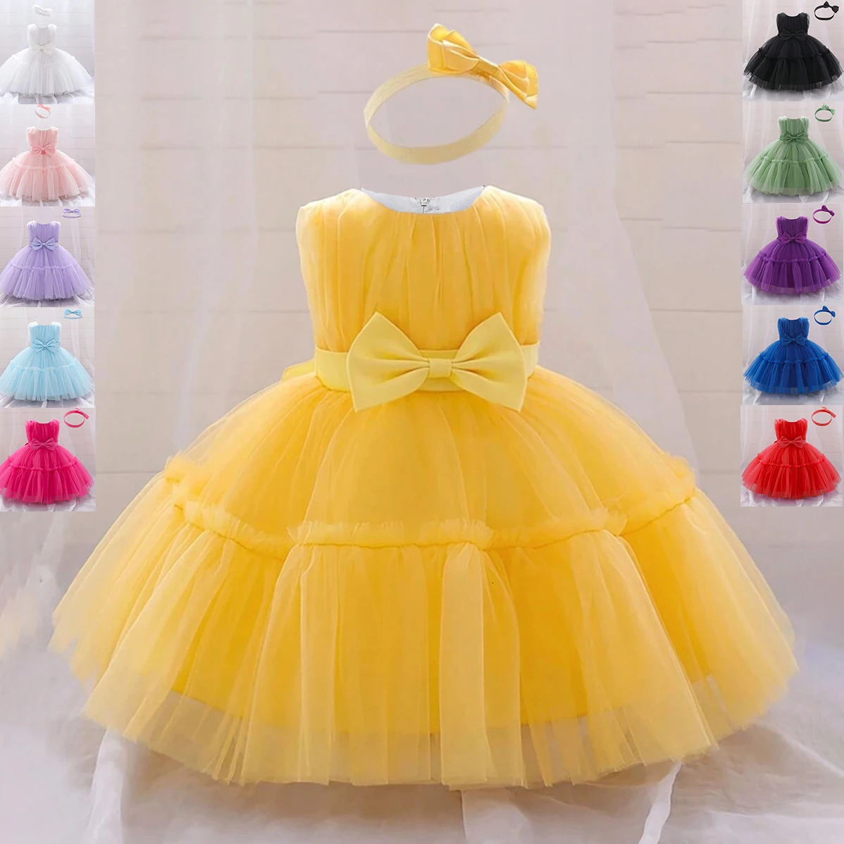 Baby Pleated Girl Princess Dress Outfit Infant White 1st Birthday Baptism Dress Toddler Bow Party Wedding Prom Gown Baby Clothes 250325
