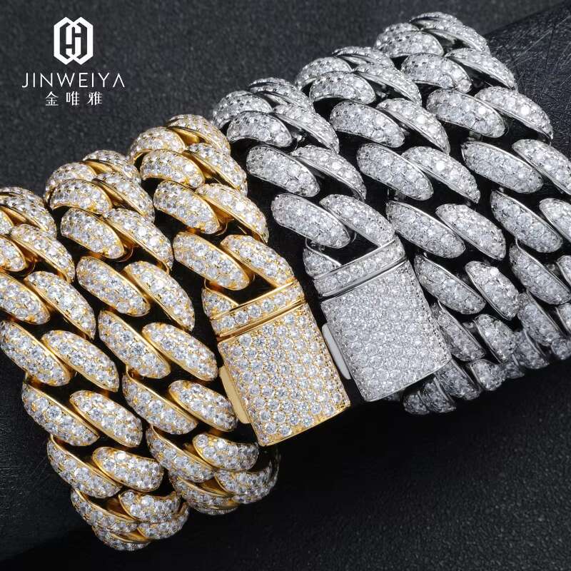 Hiphop Moissanite Jewelry High Quality Polish S925 Silver Micro Pave Two Rows 15mm Cuban Chains for Men