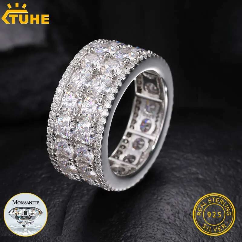 TUHE Unisex luxury 925 Silver Ring Moissanite Stone Iced Out Moissanite Rings For Women Men Hip Hop Gifts
