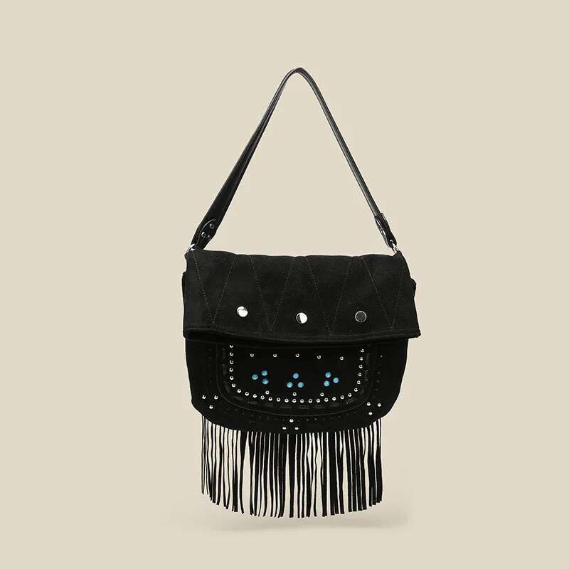 2025 New Retro Women's Bohemian Faux Suede Fabric Hollow Handbag Multifunctional Frosted Willow Nail Tassel Shoulder Underarm Ba