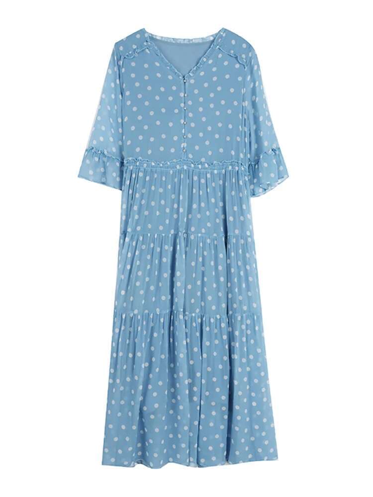 Blue Elegant Ploka Dot Flare Sleeve Ruffled Women Fashion Bodycon Casual Home Dress 2024 Korean Chic Evening Vestidos