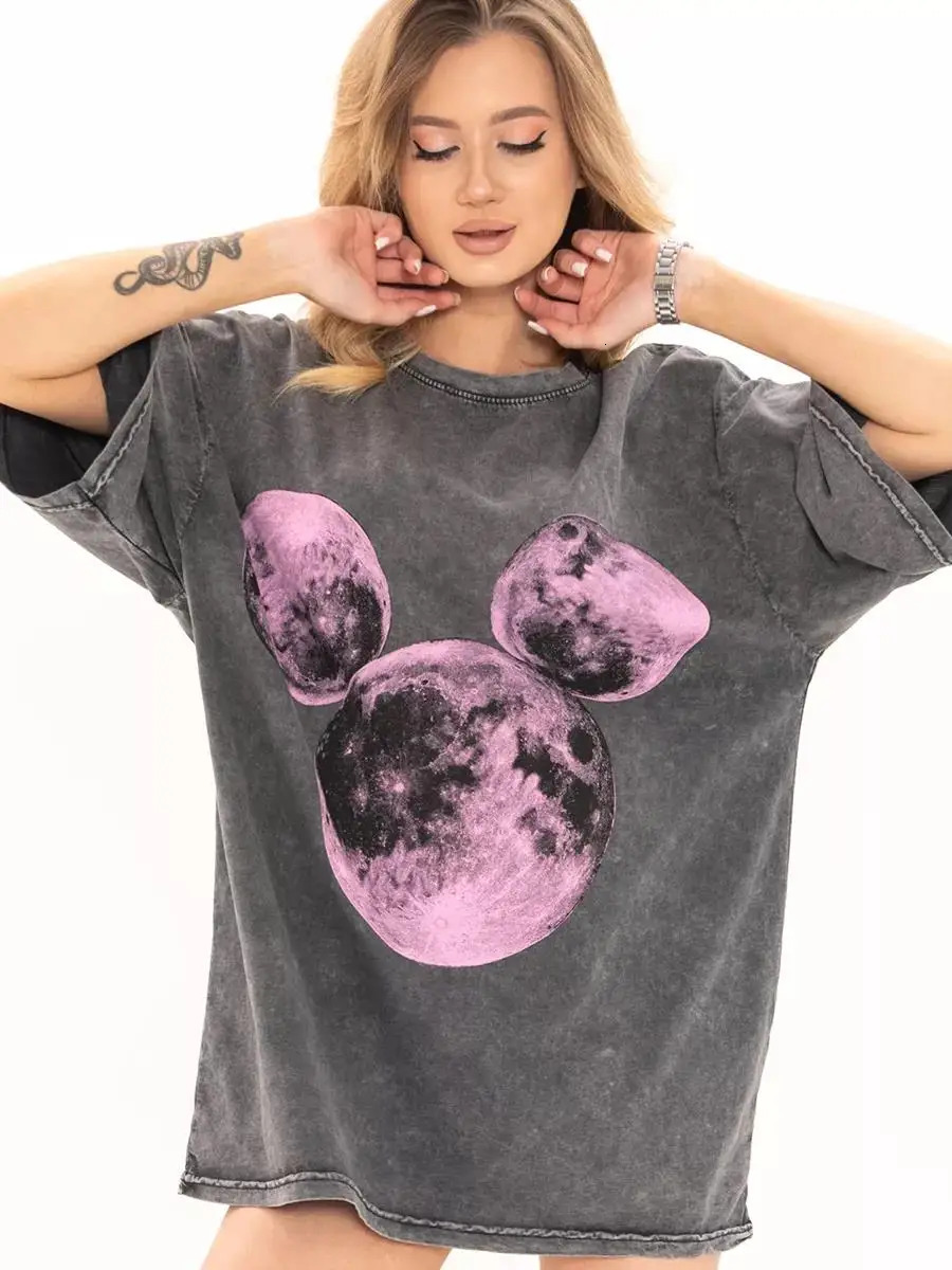 Pure cotton womens T-shirt with pink planet print top loose O-neck oversized T-shirt Y2k womens clothing retro short sleeved 250321