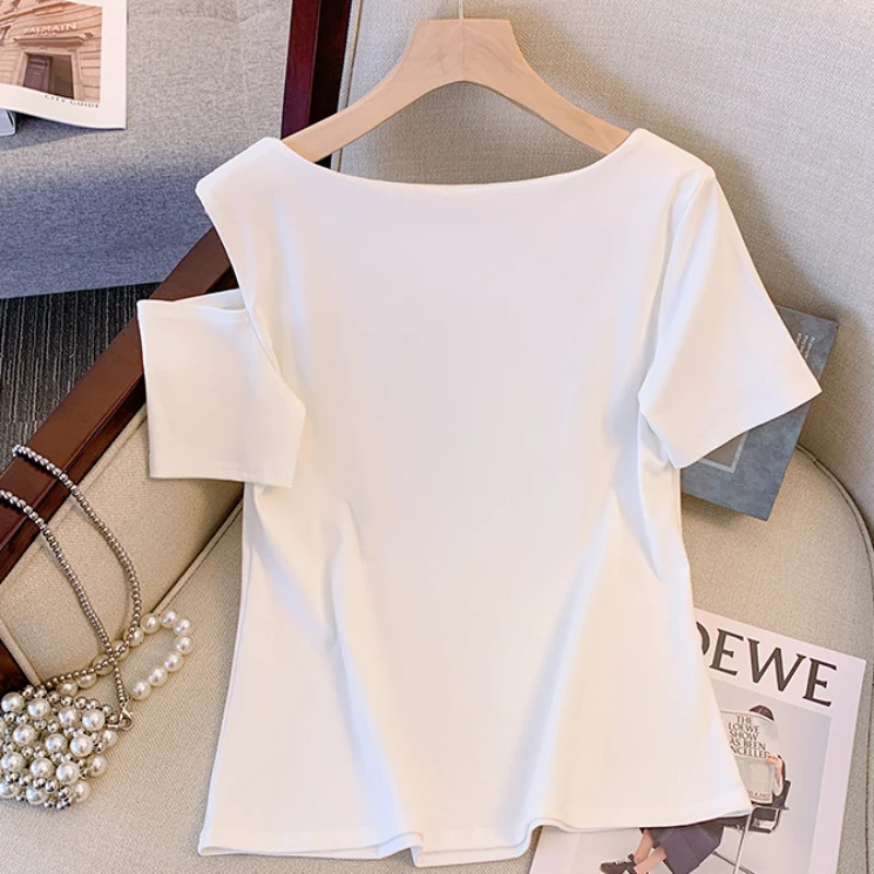 Summer Korean Style T-Shirt Women Chic Sexy Hollow Out Skew Collar Color Blocking Big Bow Tops Plus Size Short Sleeve Tees 250321