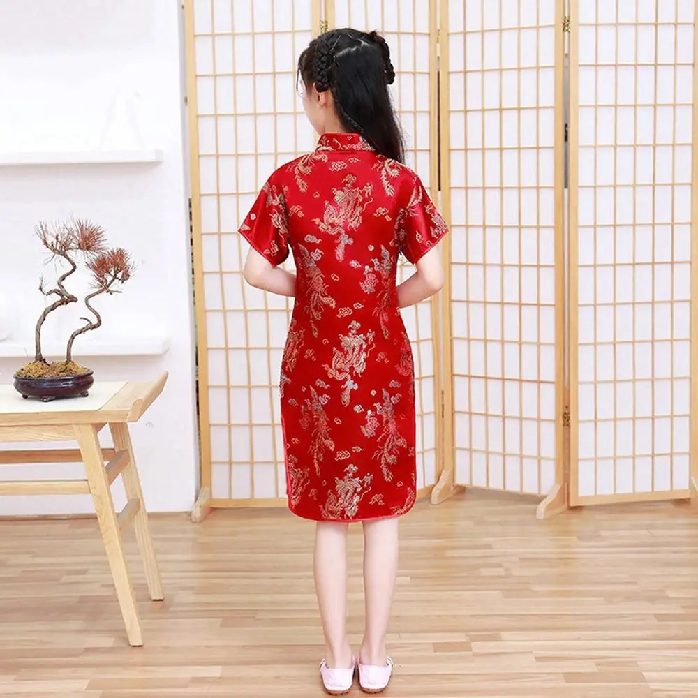 Dragon Phoenix Pattern Niche Autumn Silk Chinese Style Dress Girls Skirt Kids Traditional Dress Qipao Girls Cheongsam 250326