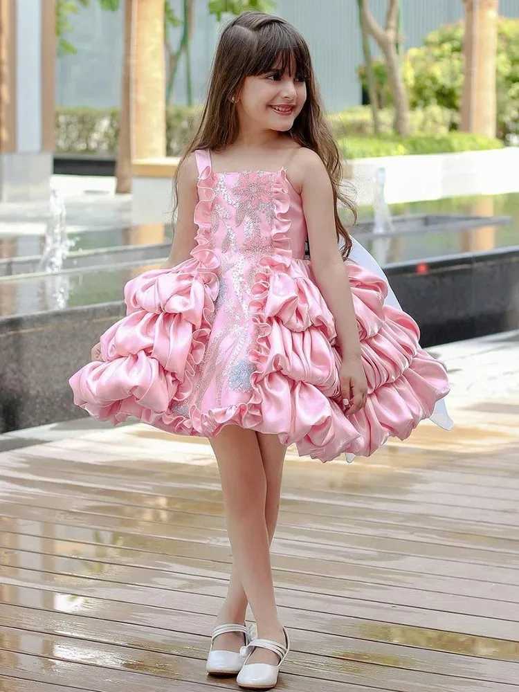 Customized Pink Flower Girl Wedding Dress for Wedding Sleeveless Flooring Cute Length Girl Childrens Birthday Party First Communion Dress W250326