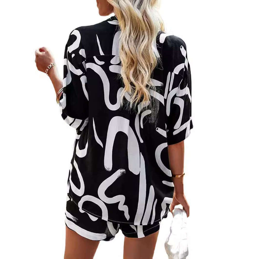 2023 Summer Fashion Print Women's Loose Casual Shirt Shorts Two Piece Set
