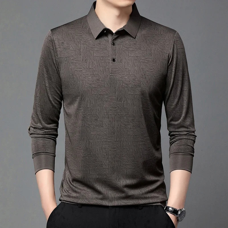 Mens business casual long sleeved solid color polo shirt fashionable breathable and comfortable Versatile top y250326