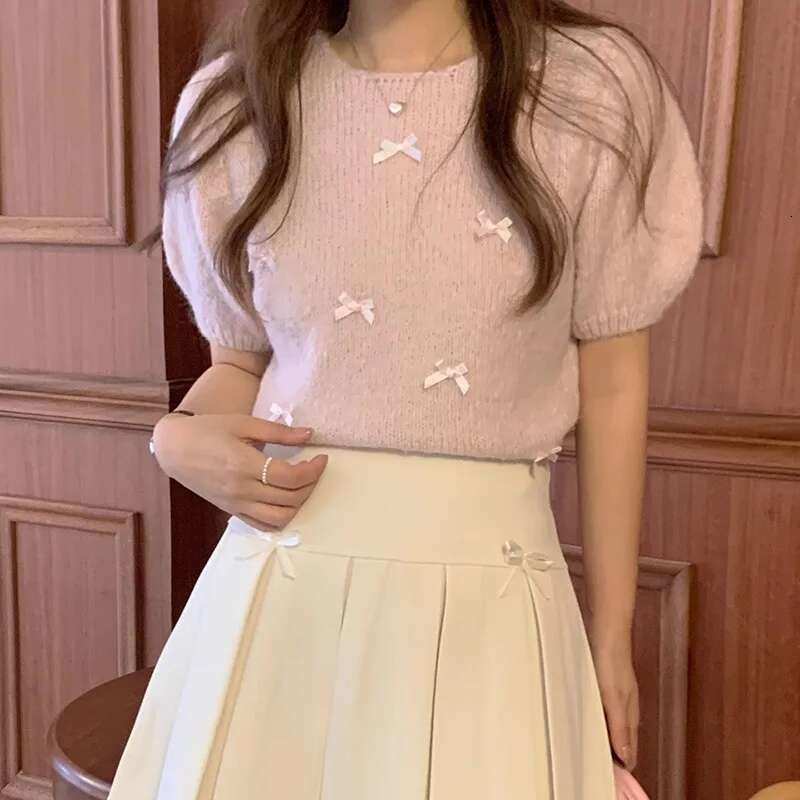 Ddmyshoesvip Sweater Short Sleeve Casual Lady Round Neck Loose Fit Top Women S Knitted Bowknot T Shirt