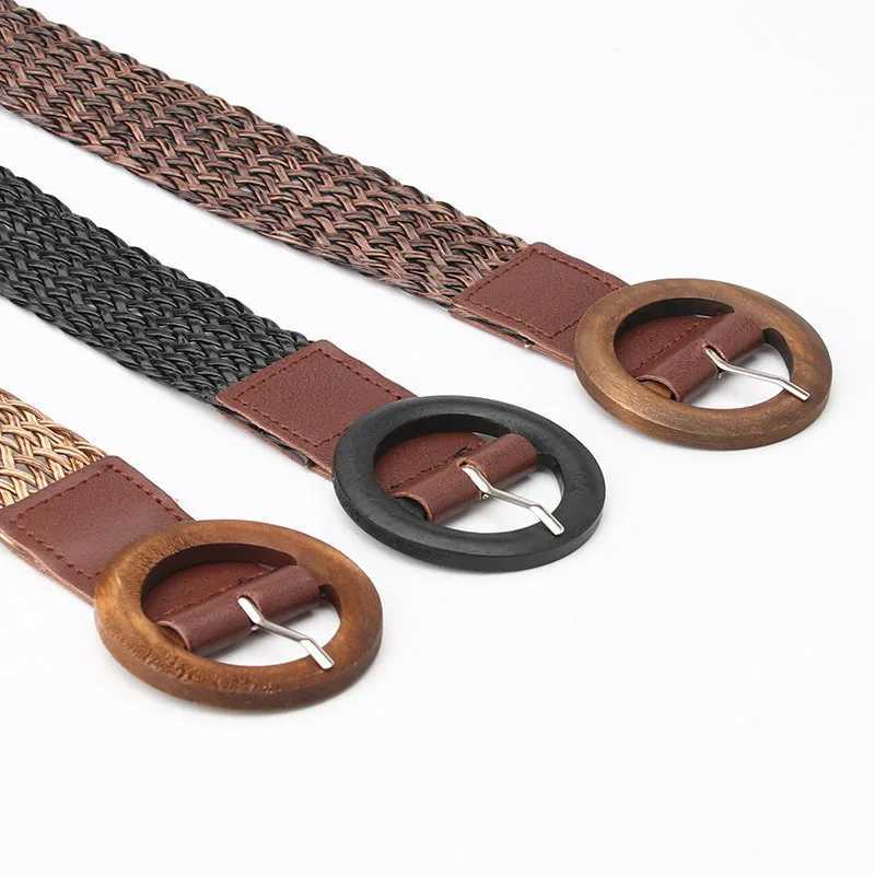 Woven waist belt black coffee womens belt retro Bohemian round wood smooth buckle fake straw wide belt womens belt W250326