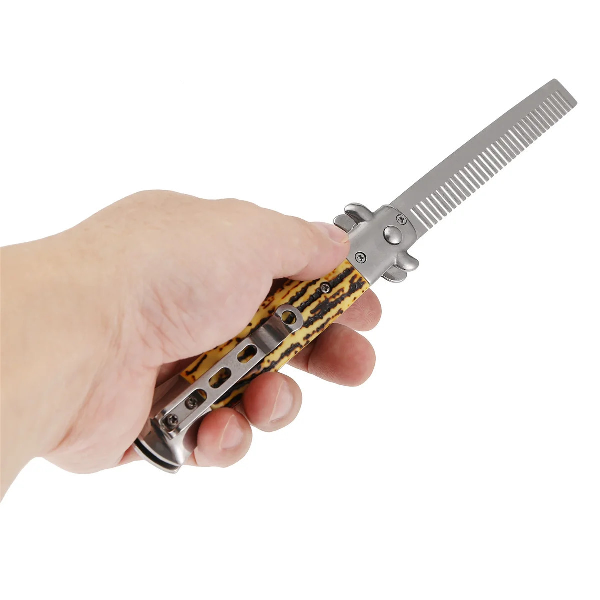 1 automatic stainless steel comb folding knife hair trimmer comb accessories butterfly mens pocket knife 250325