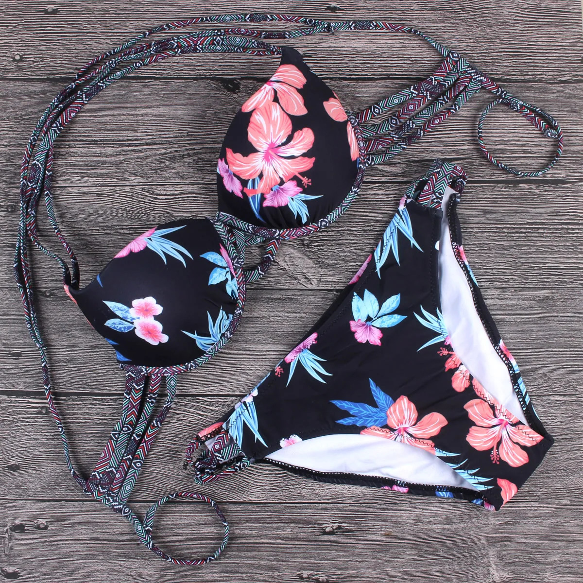 Sexy Bikini Swimsuit Women Lettuce Floral Bathing Suit Swimwear Push Up Padded Beach Wear Swimming Suit Bikini 250324