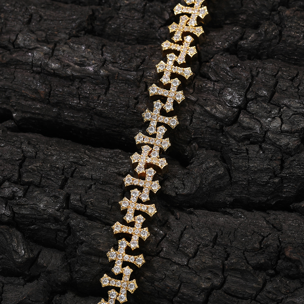 Hip Hop Cross Flowers Tennis Chain Bracelets 5A Zircon Real Gold plated Cool Men And Boys Jewelry