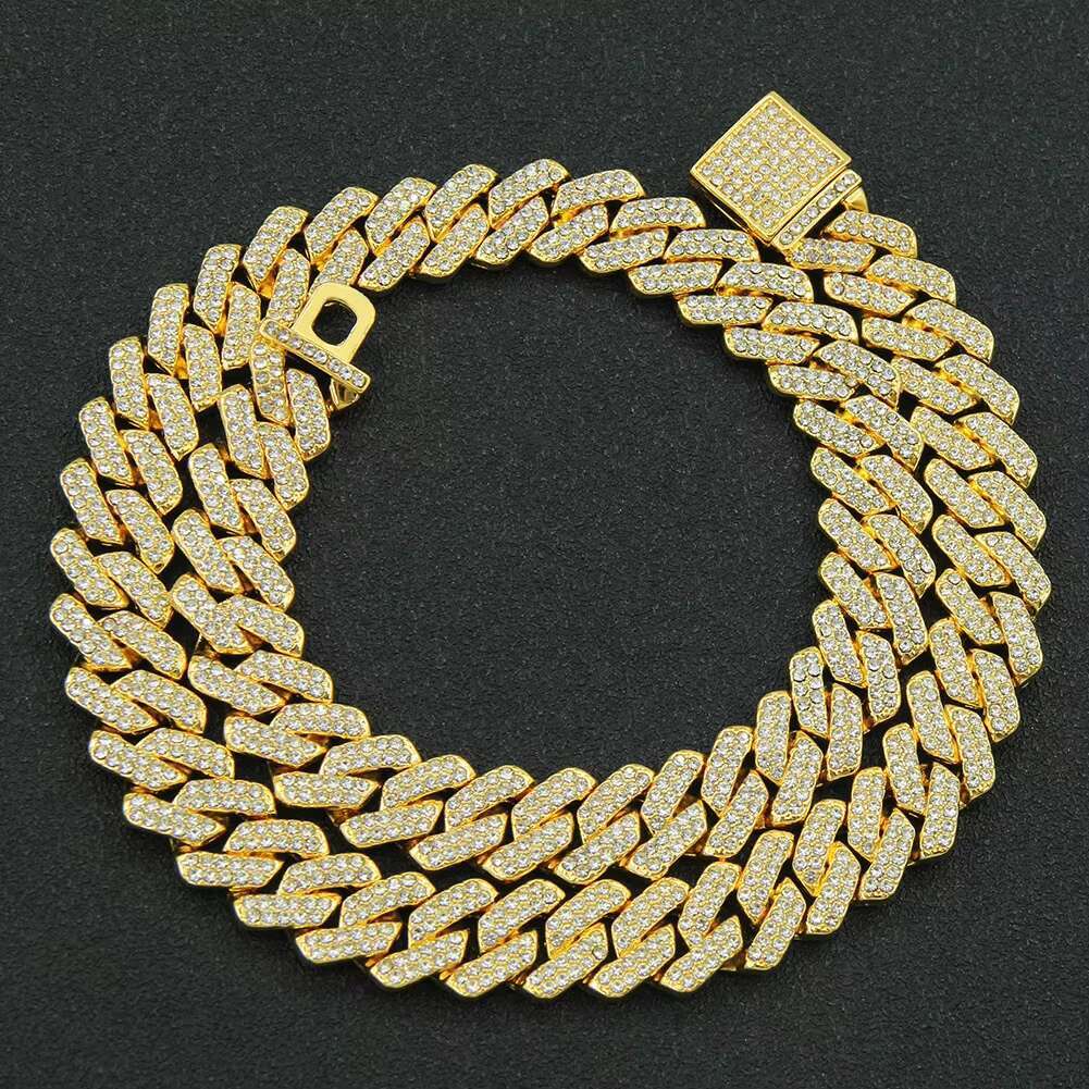 Custom Fashion Jewelry 18K Gold Plated Alloy 14MM Chunky Chain Necklace Full Diamond Zircon Cuban Chain Link Necklace Women Men