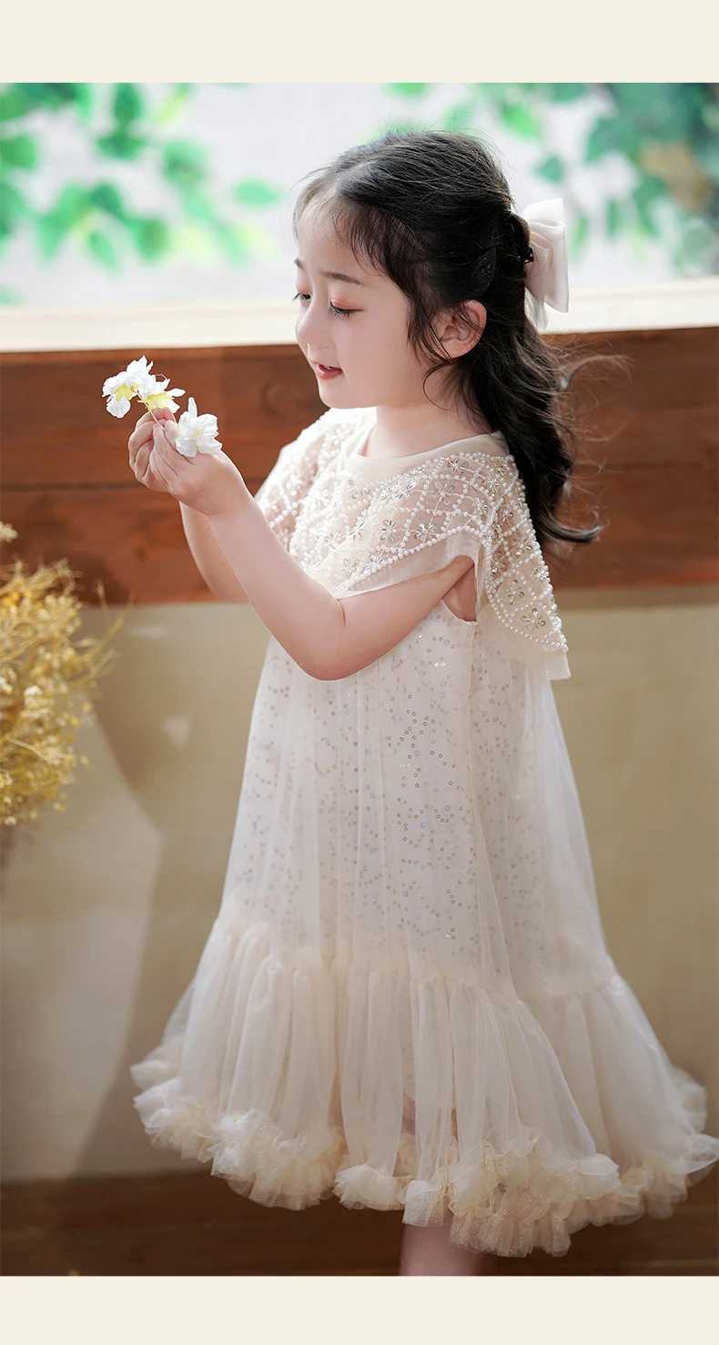 Girls Prin cess Dress Casual Spring Summer Princess Dress Childrens 2024 Wear Korean Pearl Neck Fashion Yarn wedding Dress W250326