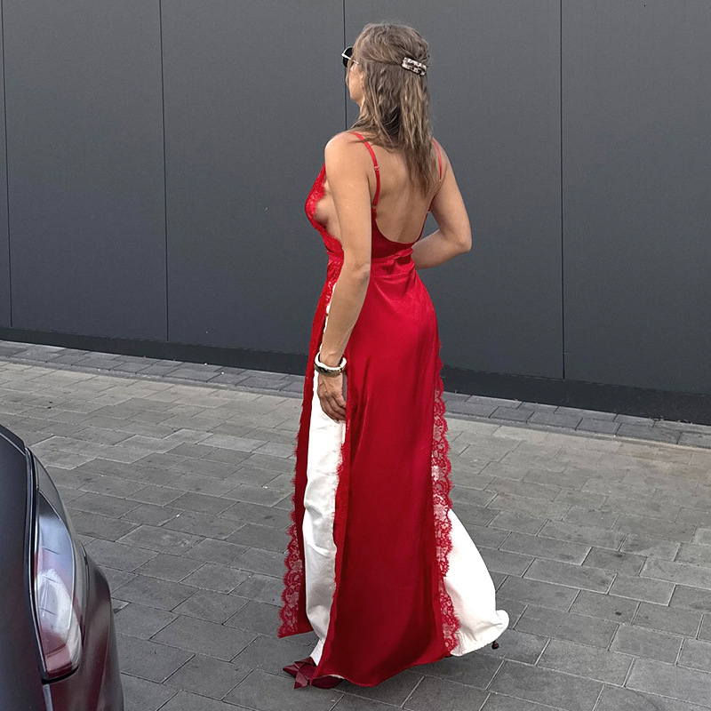 2025S Fashion Designer Y DS Women S Spring Summer New Solid Color Sleeveless Lace Splicing Strap Split Dress