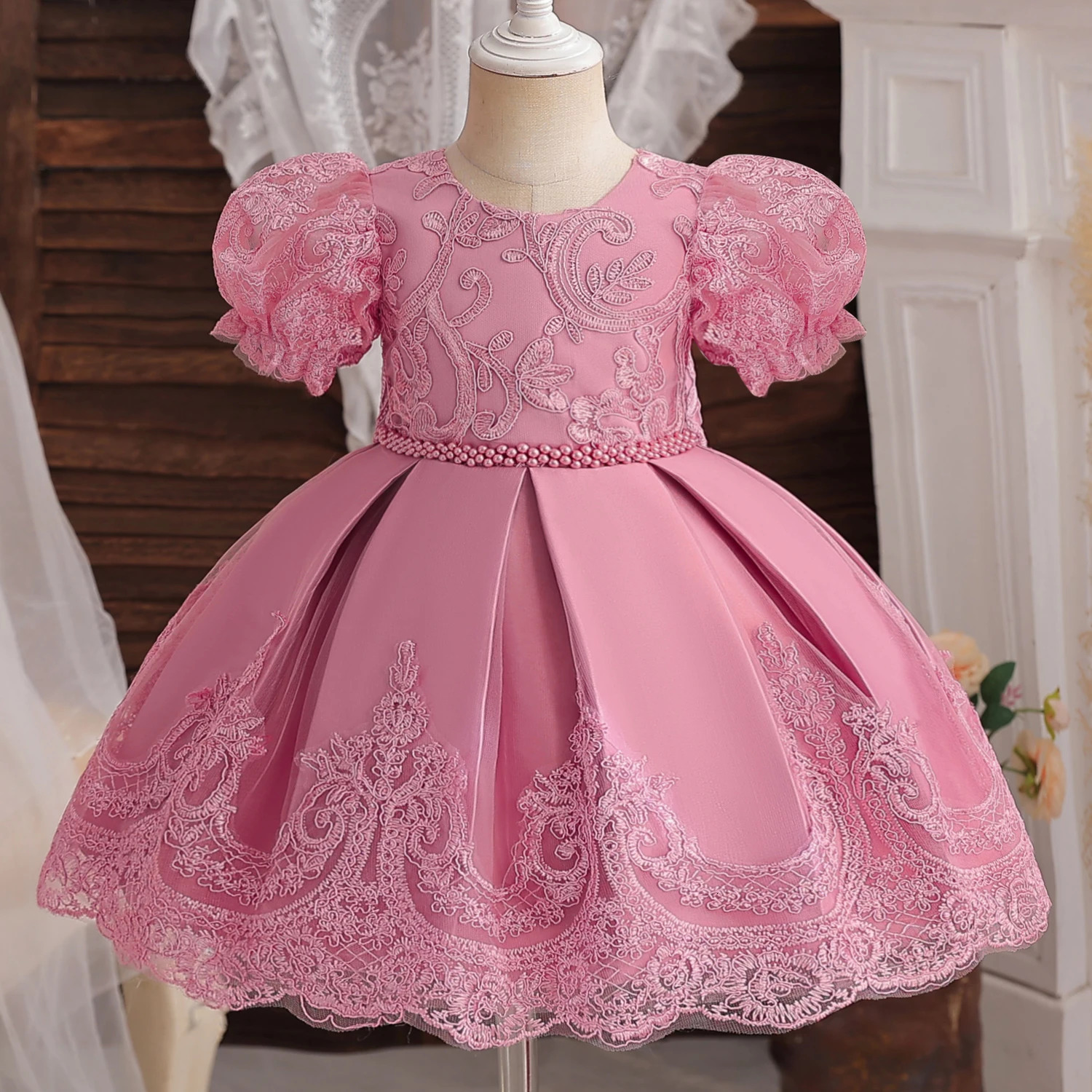 Toddler Girls Party Dresses Embroidery Lace Cute Baby 1 Year Birthday Baptism Vestido Kids Princess Wedding Evening Beaded Dress 250325