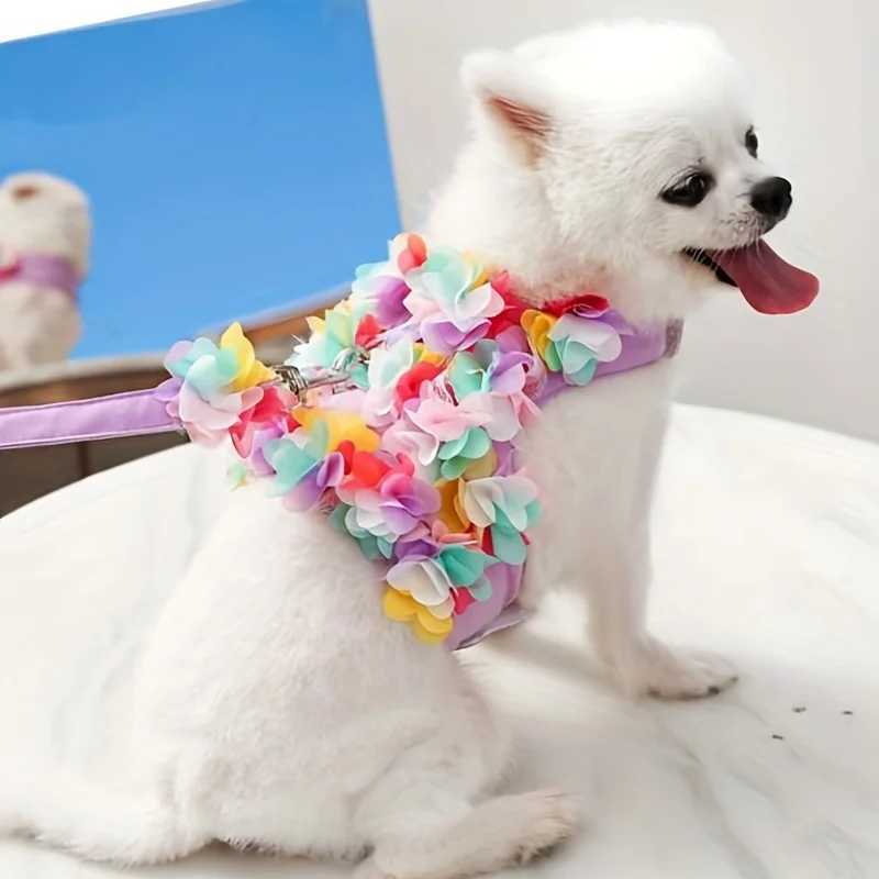 1 deluxe floral girl dog harness and belt set no pull soft adjustable breathable mesh cute floral puppy pet safety vest X250326