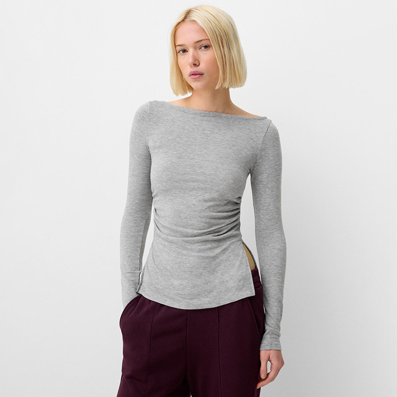 2025S Fashion Designer Y TP Style Women S Autumn And Winter One Collar Pleated Waist Cinched Slit Solid Color Pullover Top T Shirt