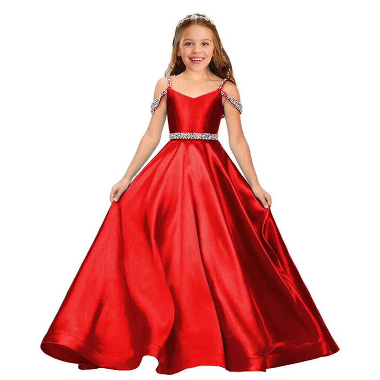 Elegant satin childrens wedding Par dress with long beaded shoulders birthday flower girl dress formal evening gown W250326