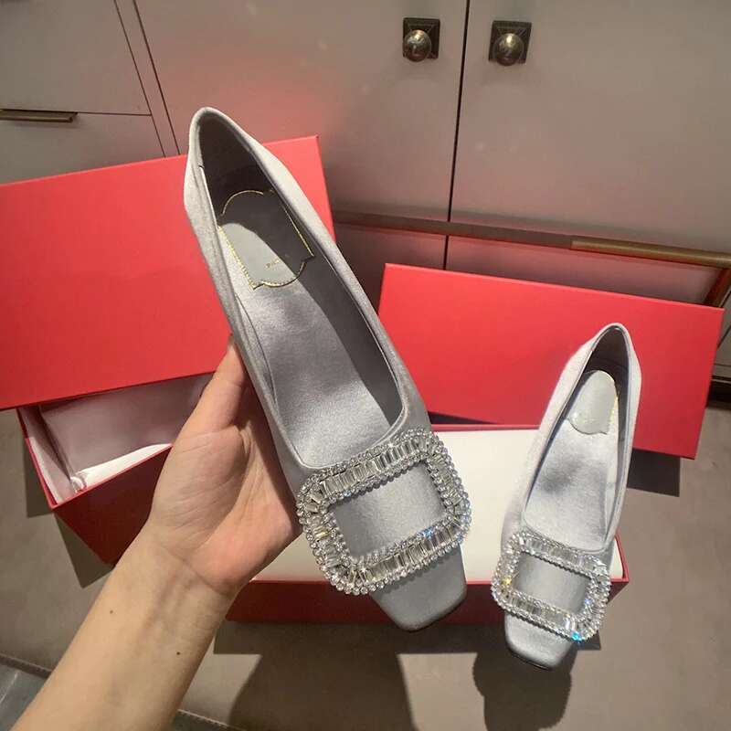 Dia buckle thick single square toe satin shallow cut shoe high heeled female wedding shoes