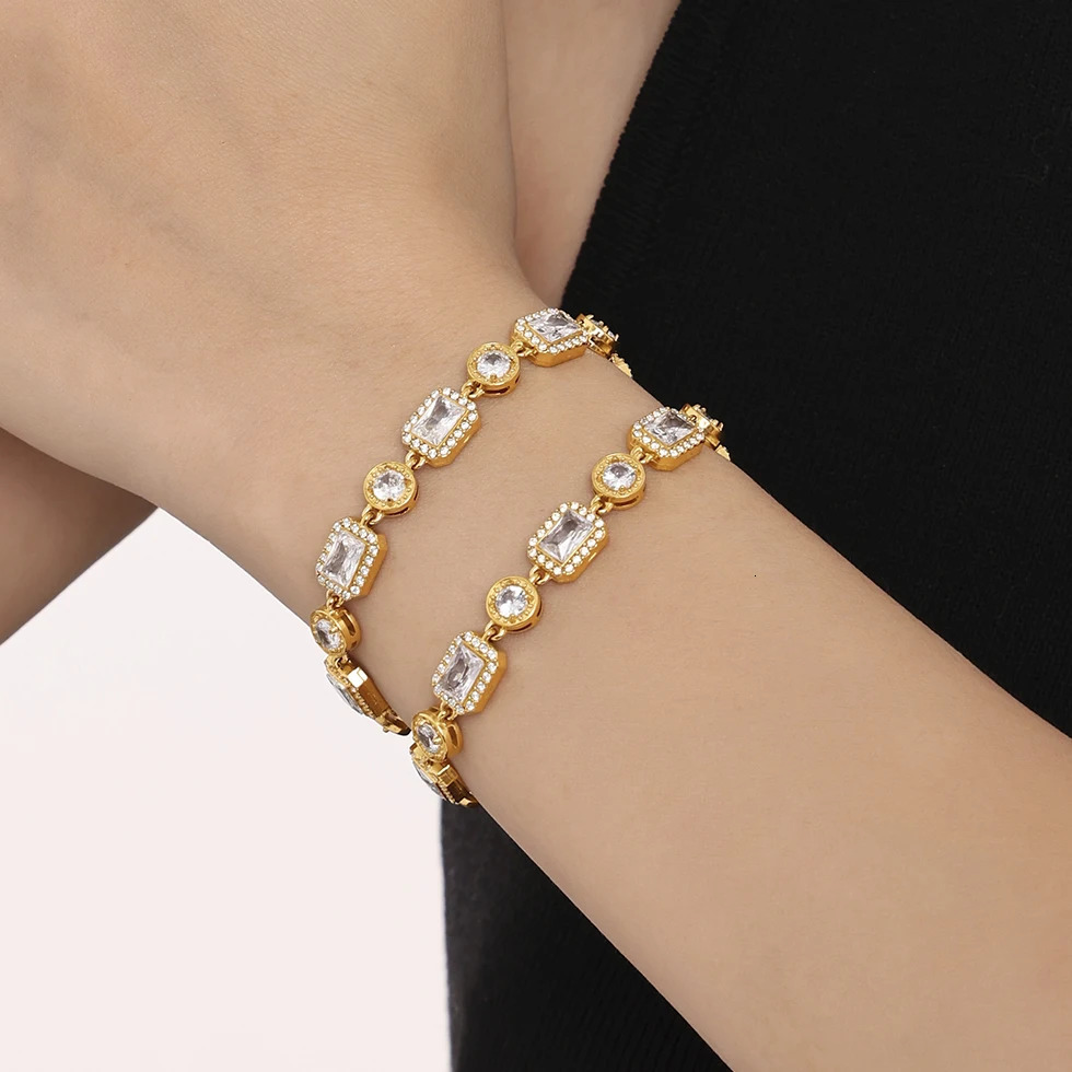 Fashionable Round Square Zircon Gold Plated Bracelet for Women Stainless Steel Bracelet Vintage Daily Charm Jewelry Gift 250326