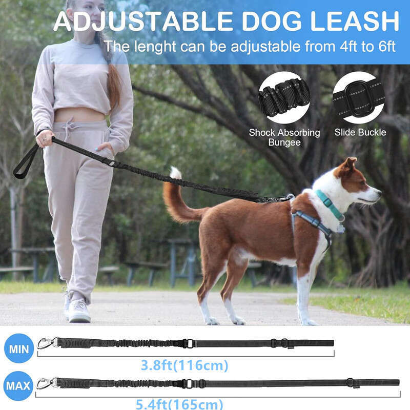 Reflective Dog Leash with 2 Padded Handle Dog Walking Training Shock Absorbing Bungee Leash With Car Seat Belt Buckle for Small Medium Large