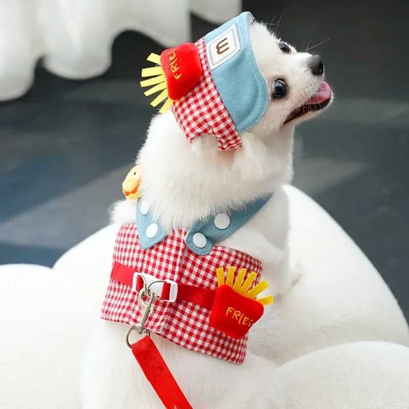 1 set of Fries Pet Harness drawstring Pet steel wire rope cute hat three piece puppy costume outdoor drawstring X250326