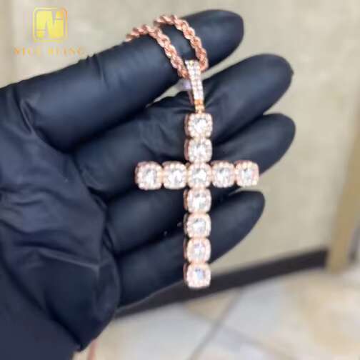 Rose Gold Plated Custom Hop Jewelry Cross Pendant Iced Out Diamond 925 Sterling Silver Full VVS Moissanite Pendant Necklace